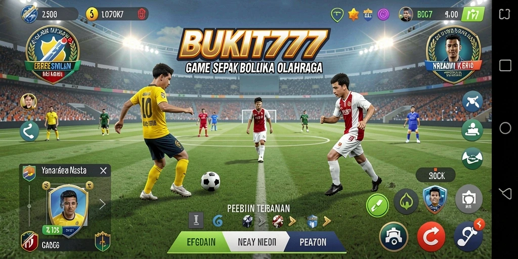 Screenshot game BUKIT777 menampilkan aksi seru dalam pertandingan sepak bola.
