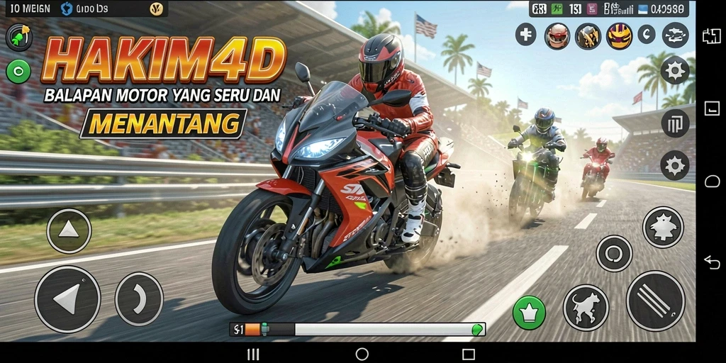 Gameplay seru HAKIM4D dalam aksi balapan motor.