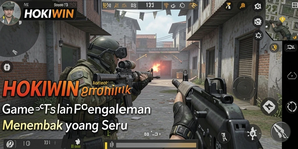 Screenshot HOKIWIN menampilkan aksi menembak yang intens di medan perang.