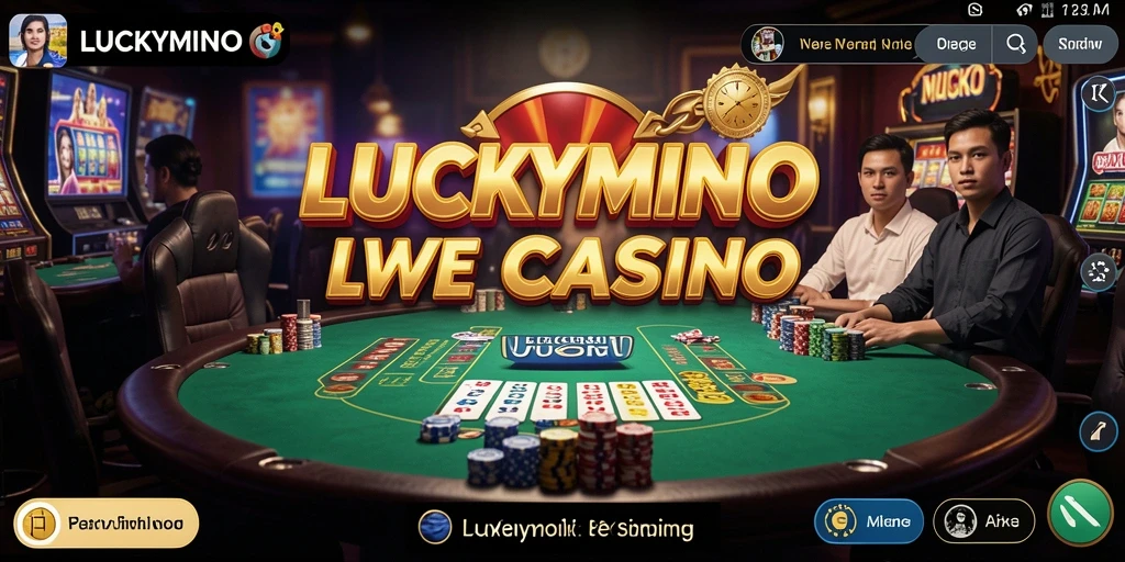 Screenshot utama LUCKYMINO menunjukkan dealer langsung dan permainan yang menegangkan.