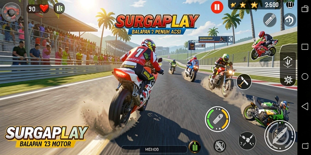 Tampilan gameplay SURGAPLAY yang mendebarkan dan penuh aksi balapan motor.